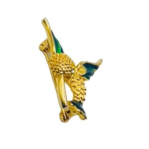 Vintage 1980s Gold Tone Hummingbird Brooch Blue Green Enamel Rhinestone Eye - Picture 4 of 7